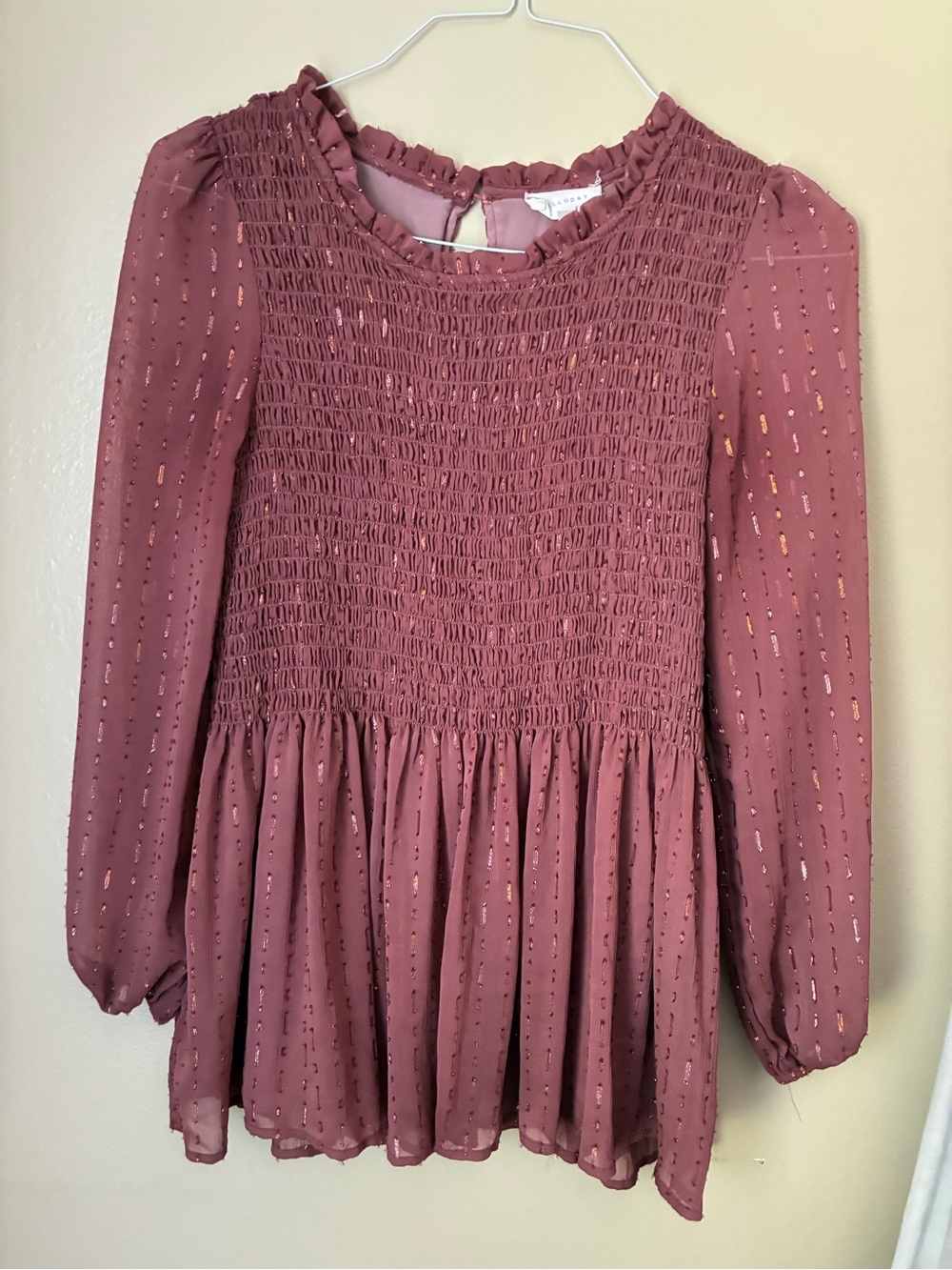 MELLODAY Mauve Pink Smocked Peplum Long-Sleeve Blouse